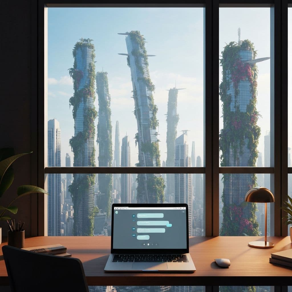 Futuristic minimal workspace with a laptop showing a clean chat interface
