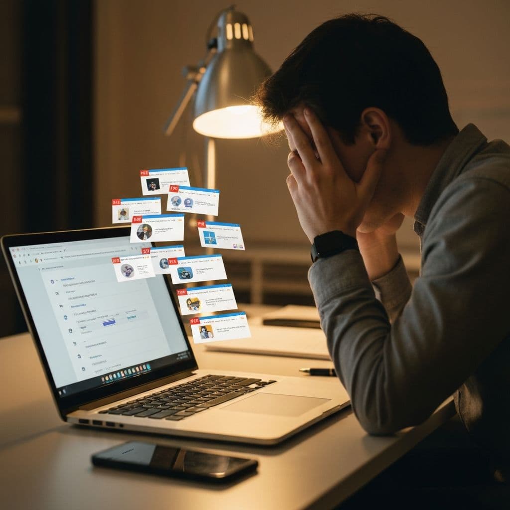 Person overwhelmed at a desk with multiple open browser tabs and notifications