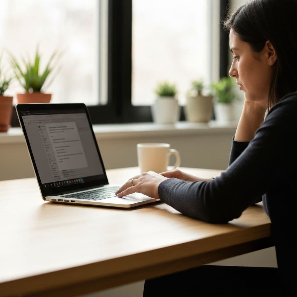 Person reviewing AI-drafted messages on a laptop in a calm, focused workspace