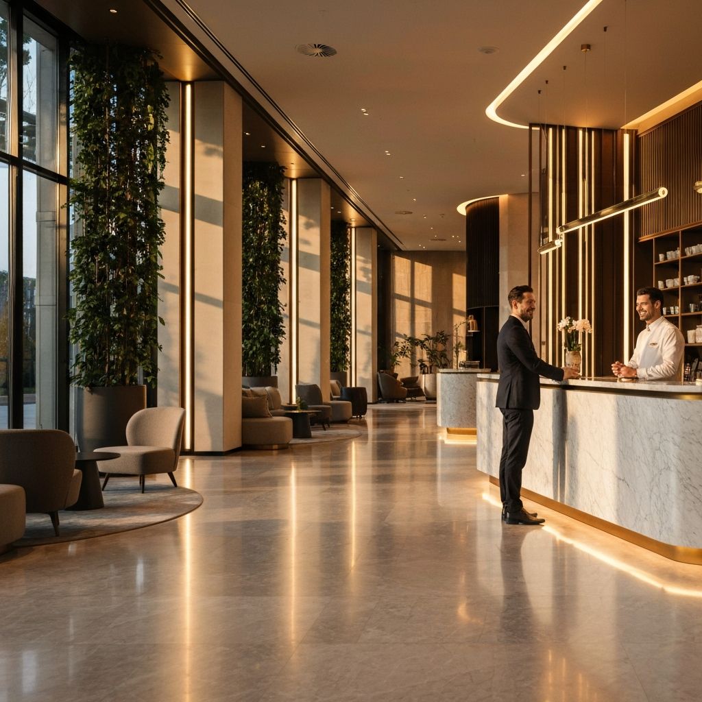 Modern luxury hotel lobby representing hospitality communication